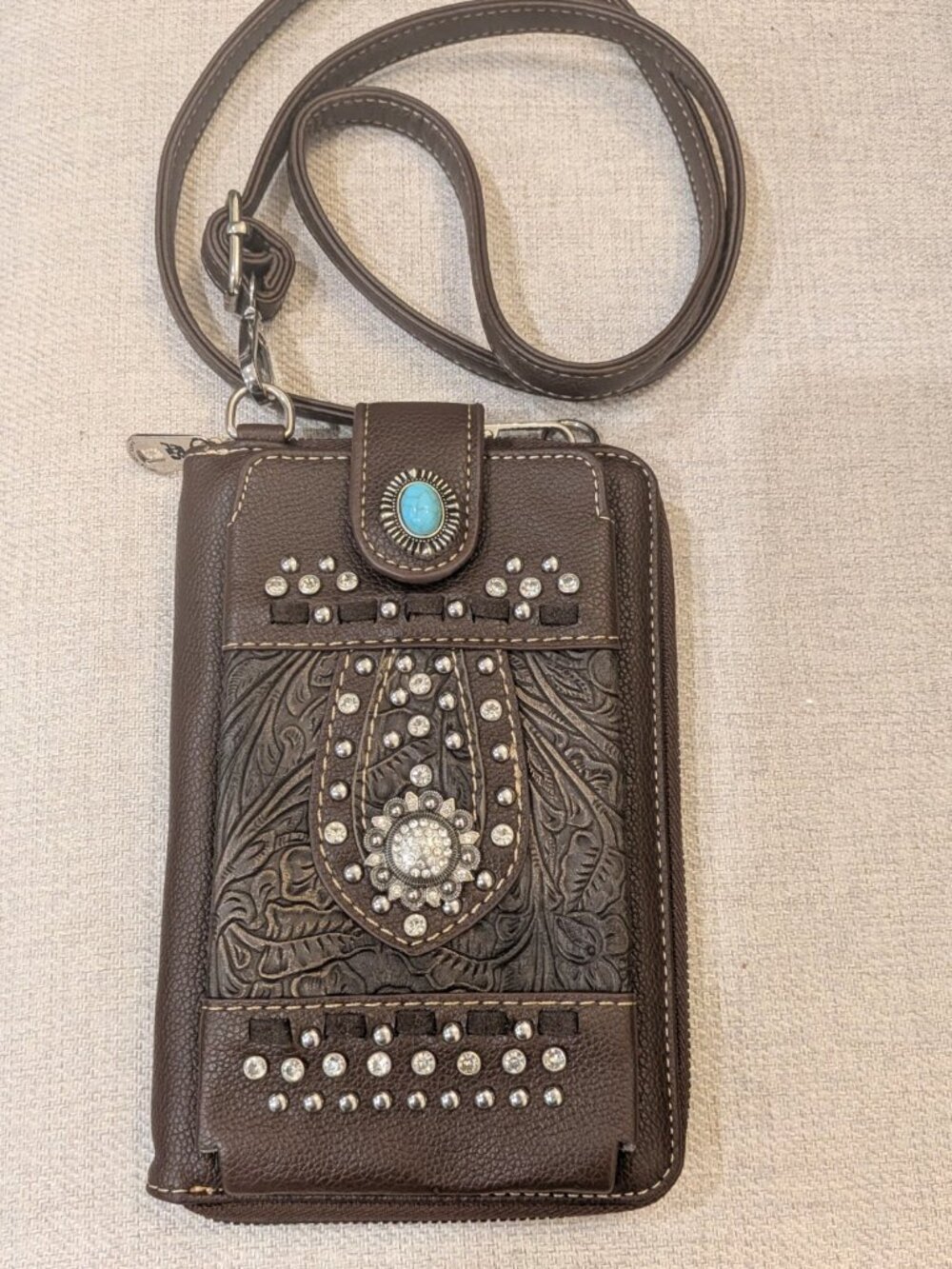 American Bling by Montana West Tooled Leather Crossbody Phone Wallet - Brown